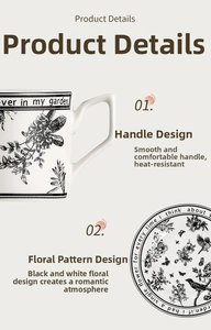 Detail of ergonomic geometric handle and vintage floral ceramic mug and saucer set