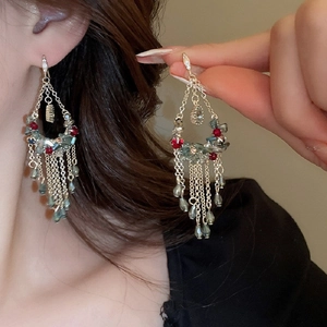 Boucles d'oreilles vintage fleurs et cristal avec perles rouges et bleues pour femme