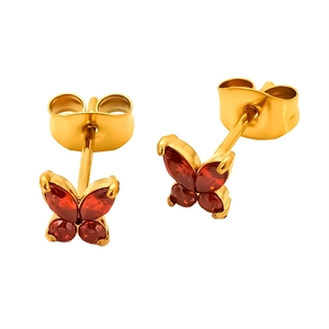 Elegant gold titanium steel earrings featuring red zircon butterfly design for women