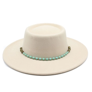 Beige boater hat with decorative turquoise beads and bronze metallic chain accents