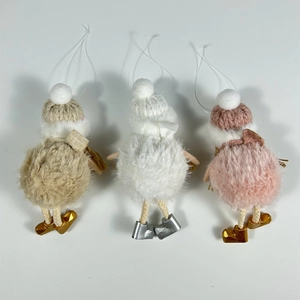 Detailed back view of plush Christmas bird ornaments in khaki, white, and pink tones