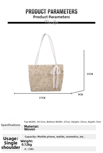 Detailed size chart for straw tote bag with lace bow showing dimensions and lightweight specs