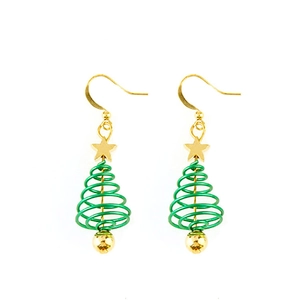 Festive green Christmas tree drop earrings with golden stars and spherical pendants