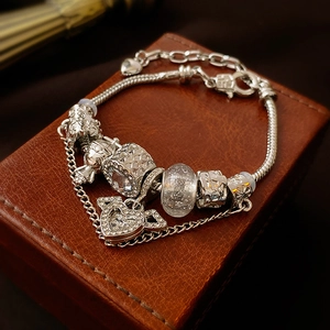 Alloy Rhinestone Heart Charm Bracelet Silver Snake Chain Crystal Glass Beaded Adjustable Fashion For Women