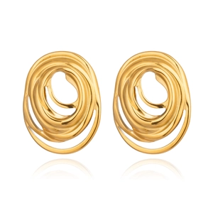 Abstract swirling oval geometric stud earrings in polished gold-plated finish