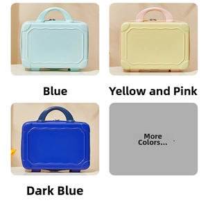 Detail view of 14-inch mini hardshell vanity cases in blue, yellow-pink and navy