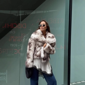 Chic faux fur short coat with grey patterned texture over lace camisole dress