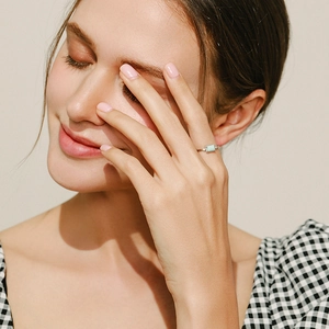 Minimalist S925 sterling silver ring with rectangular opal stone on a thin metal band