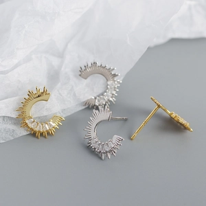 S925 silver C-shaped sunburst earrings in gold and silver with zircon stones
