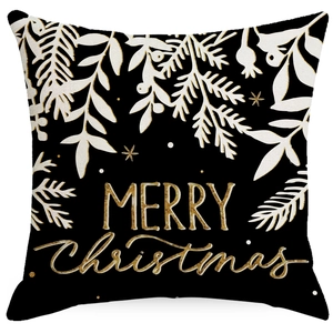 Linen Christmas pillowcase with gold Merry Christmas lettering and white leaf pattern
