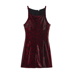 Robe Mini À Paillettes Sexy Pour Femmes Imprimé Léopard Sans Manches Dos Nu Fermeture Éclair Polyester Fête