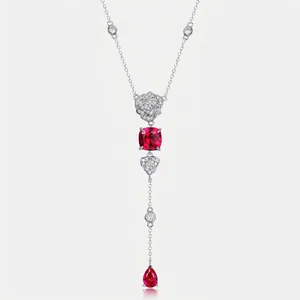 925 Sterling Silver Rose Flower Pendant Necklace Lab Grown Ruby Zirconia Long Chain Necklace For Women Luxury Commute