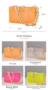 Detailed view of acrylic evening bags with geometric stripes and size specifications