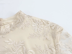 Dettaglio del ricamo floreale su tessuto in rete beige su spalla e scollatura dell'abito
