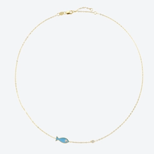 Detail view of S925 sterling silver fish necklace with blue enamel and sparkling zircon