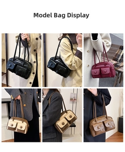 Collage of multi-pocket retro faux leather shoulder bags in various colors on models