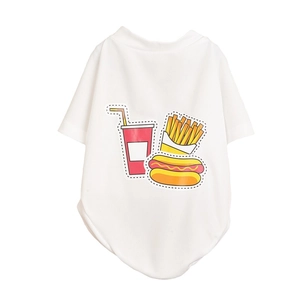 Close-up of breathable mesh pet t-shirt with fast food fries and soda cartoon prints