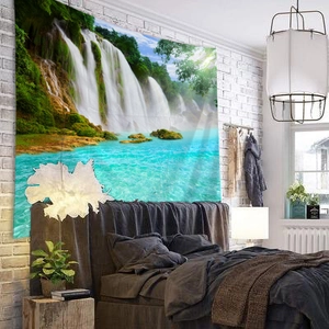 Detail of decorative waterfall landscape tapestry for wall decoration in bedroom or living room