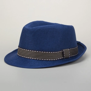 Detailed view of dark blue woven straw jazz hat with classic brown striped band