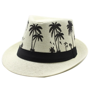 Straw fedora beach hat with coconut tree print and black ribbon for summer sun protection