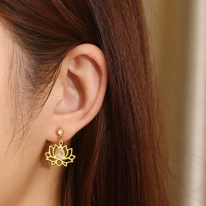 Close-up of model wearing golden hollow lotus earrings with teardrop zircon stones