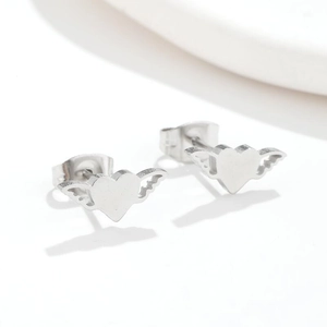 Minimalist silver heart earrings with wing design in polished stainless steel for women