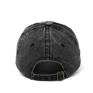 Vintage washed black cotton baseball cap with adjustable metal buckle back view