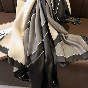 Chic black and grey color-block faux silk scarf for women with elegant checkered border