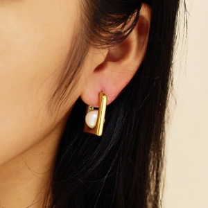 Geometric 18k gold plated rectangular earrings with white pearl detail for women