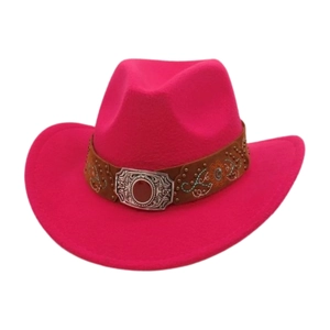 Detail of rose pink felt cowboy hat with embroidered leather band and red gemstone buckle