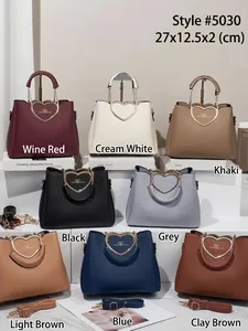 Women PU Leather Handbag Heart Shaped Metal Handle Litchi Grain Shoulder Crossbody Bag Large Capacity Daily Fashion