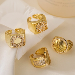 Women Chunky Wide Band Ring 18K Gold Plated Copper Zircon Geometric Hip Hop Adjustable Open Finger Jewelry
