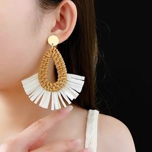 Detail of bohemian raffia drop earrings with white fringe tassels on model with black background
