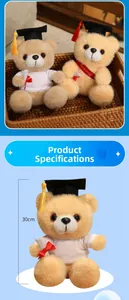 Detail of 30cm graduation teddy bears with mortarboard caps and diploma in gift basket