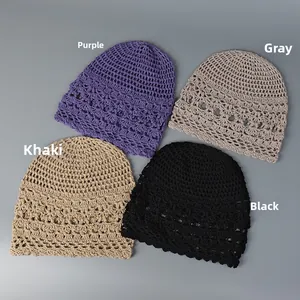 Four colors of handmade hollow crochet beanies for women, including purple and grey.