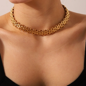 Elegant 18K gold plated stainless steel woven mesh link necklace for women worn by a model