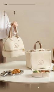 Detail of double-layer thermal lunch bag with sunshine logo and reinforced handles
