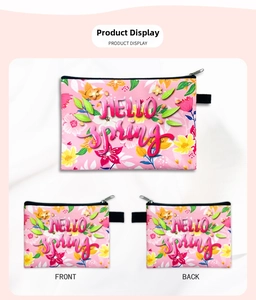 Detailed front and back view of a pink floral mini coin purse with Hello Spring print