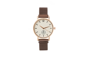 Detail of rose gold quartz watch with brown mesh strap and minimalist white dial