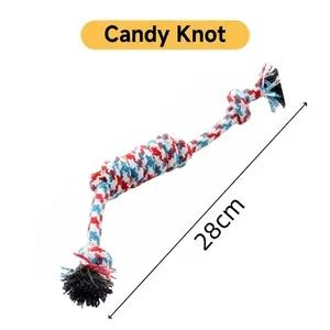 Detail view of 28cm candy knot cotton rope toy in red white blue for dogs