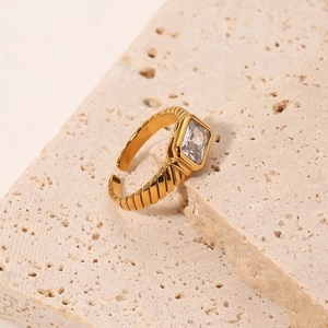 Minimalist 18k gold plated stainless steel ring with rectangular white zircon on stone