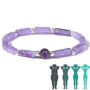 Detailed view of natural amethyst square beaded bracelet with silver spacers and a round bead