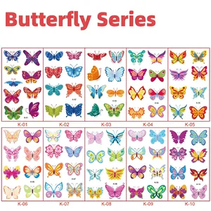 Detailed grid display of ten colorful butterfly cartoon temporary tattoo designs