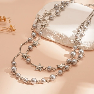 Double-layered beaded necklace with grey imitation pearls and silver star charms