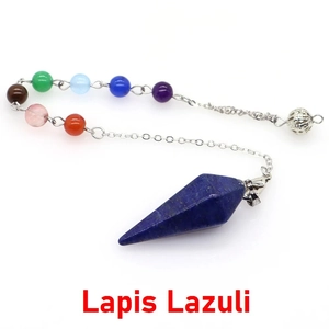 Natural lapis lazuli crystal pendulum pendant with seven chakra beads on a silver chain