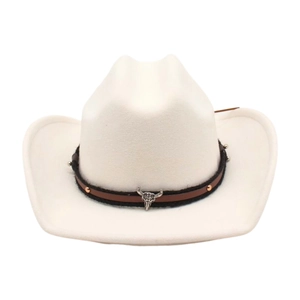 Detail of white felt western hat featuring leather band with silver bull head ornament