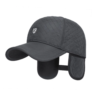 Men's winter quilted baseball cap with earflaps and embroidery in dark grey finish