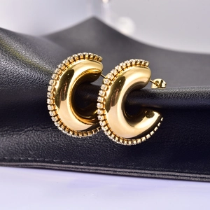 Chic 18K gold plated stainless steel C-shaped hoop earrings with zircon pavé border