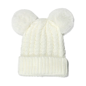 Winter double pom pom knit hat for kids with ribbed texture and thick white warm thermal yarn