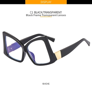 Side view of oversized butterfly glasses with black frame and golden hinge detail